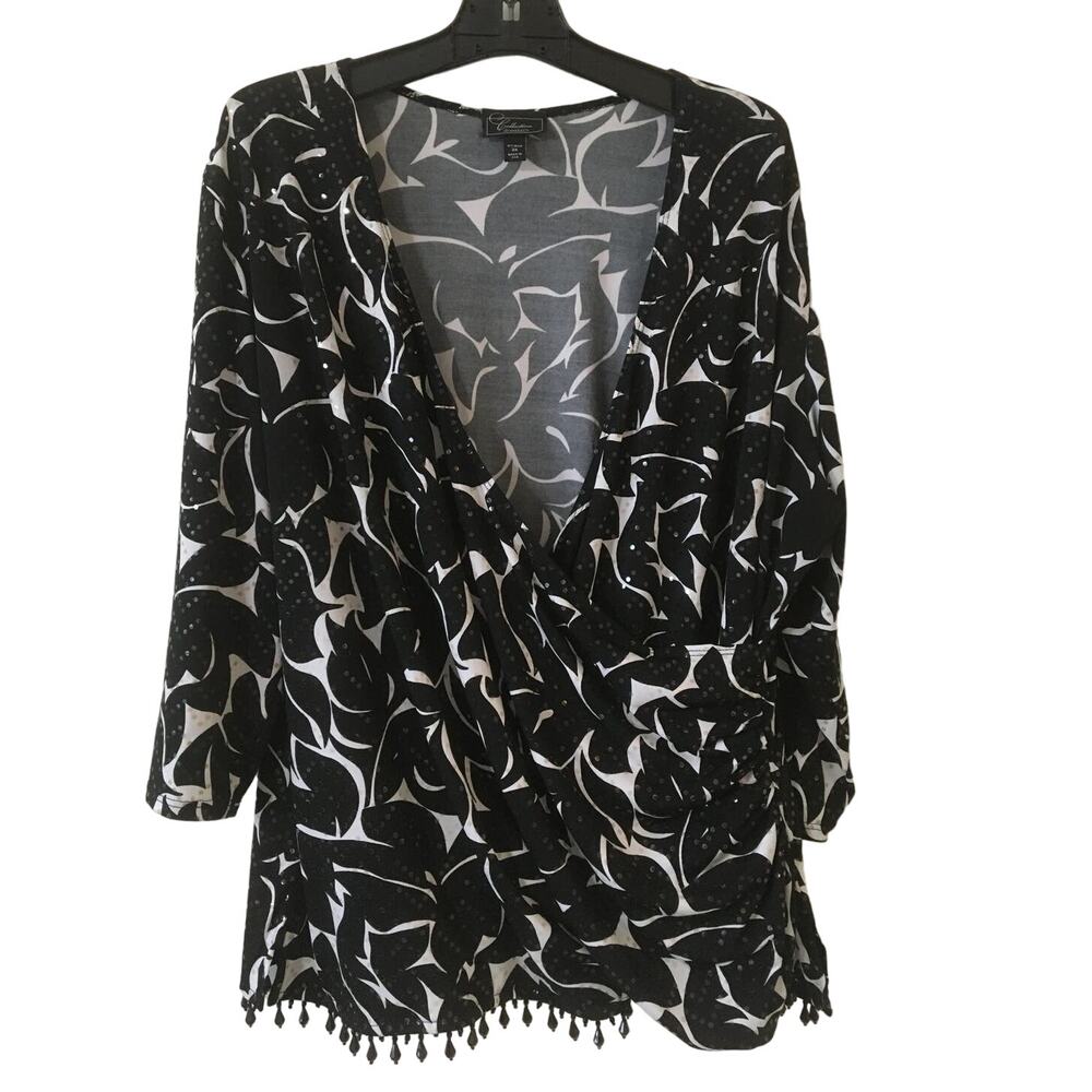 DressBarn Collection 3X Women’s Black White Ruched Wrap Top Beaded Hem Sequence